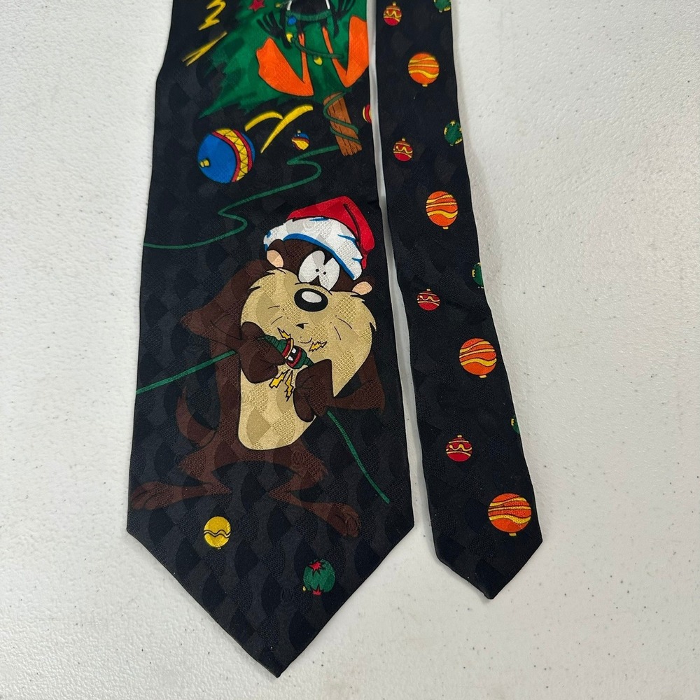 Vintage 1995 Looney Tunes Mania Silk Tie Taz Daffy Duck Christmas Holiday Black
